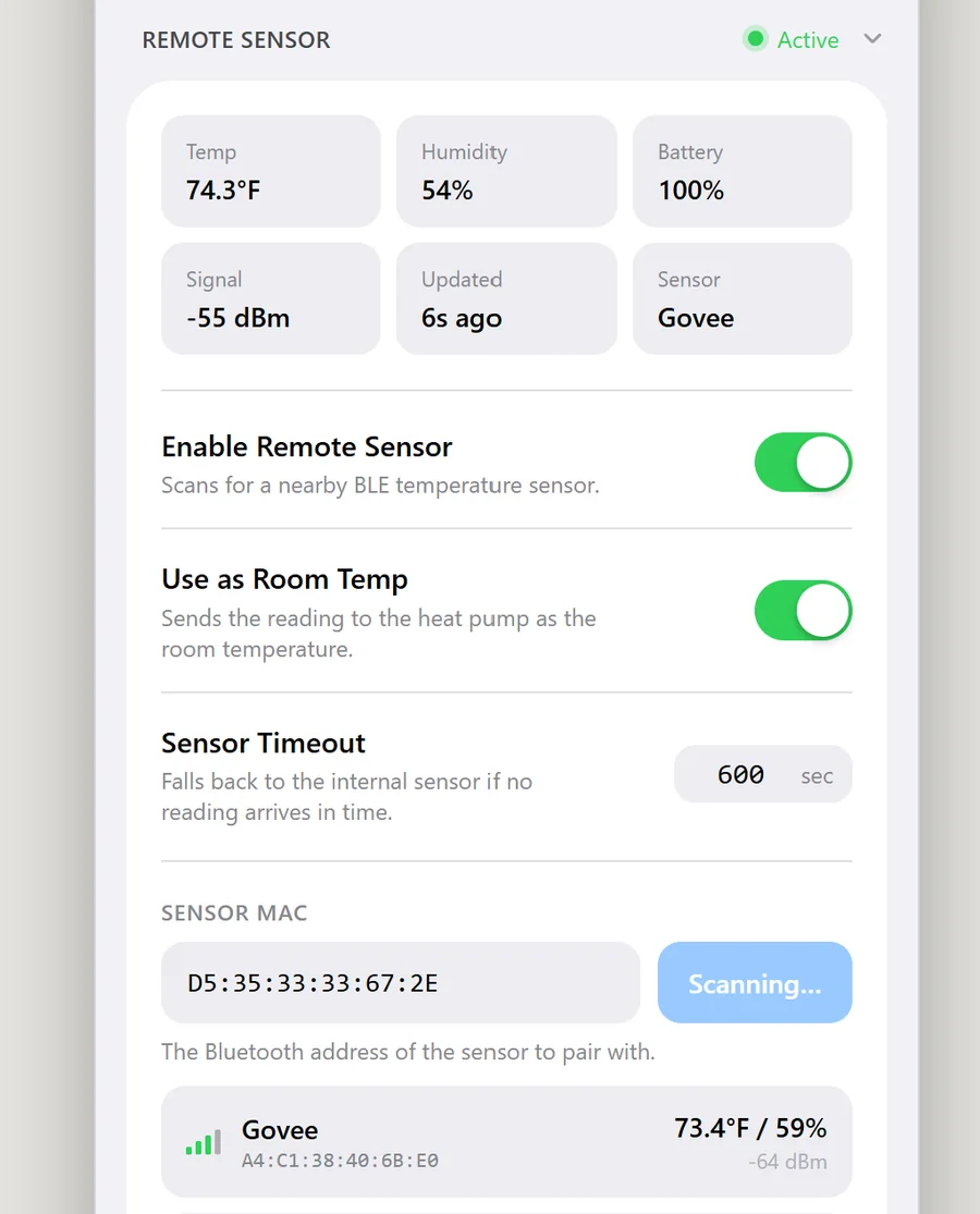 The Serin controller's web UI remote-sensor panel: a Govee BLE thermometer reporting 74.3°F, 54% humidity, 100% battery and -55 dBm signal, with enable, room-temp, and sensor-timeout controls