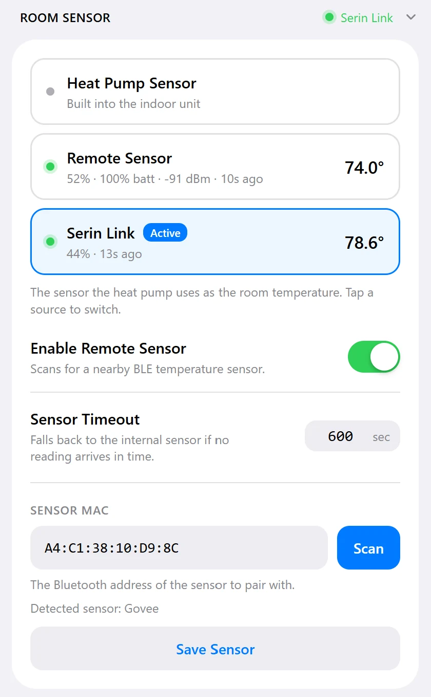 The Serin controller's web interface listing three room-temperature sources: the heat pump's built-in sensor, a Bluetooth remote sensor with humidity, battery, and signal strength, and a Serin Link marked active